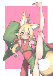 Rule 34 | 1girl, :3, absurdres, animal ear fluff, animal ears, armpits, bare shoulders, barefoot, blonde hair, blush, border, closed mouth, commentary request, detached sleeves, flexible, fox ears, fox girl, fox tail, fukutchi, green eyes, groin tendon, hair flaps, hand on own leg, highres, japanese clothes, kimono, kneepits, leg lift, leg up, legs, long hair, long legs, looking at viewer, \n/, no panties, original, outside border, partially visible vulva, pink background, pointy ears, red background, red sash, sash, short eyebrows, simple background, skinny, smile, solo, split, spread legs, standing, standing on one leg, standing split, stretching, tail, tail censor, thick eyebrows, two-tone background, white border, wide sleeves