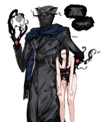 Rule 34 | 1boy, 1girl, annoyed, artist name, bare arms, bare legs, bare shoulders, black dress, blue scarf, breasts, brown coat, carrying, carrying person, claws, cleavage, coat, coffee, dress, eldritch abomination, english text, extra eyes, feet out of frame, frown, hat, highres, large breasts, long hair, original, scarf, simple background, speech bubble, tricorne, yourfreakyneighbourh