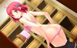 Rule 34 | 1girl, ahoge, ass, bra, butt crack, clothes pull, game cg, hair ornament, lingerie, looking back, panties, panty pull, pink bra, pink panties, red eyes, red hair, sekitsu ayaka, short hair, skirt, skirt pull, solo, surprised, tel-o, underwear, underwear only, undressing, yamiyo ni odore
