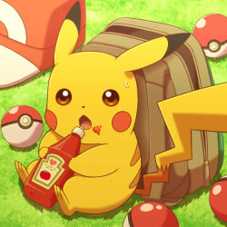 Rule 34 | backpack, bag, baseball cap, bottle, brown eyes, creatures (company), cyaneko, food, food on face, from above, game freak, gen 1 pokemon, grass, hat, heart, ketchup, looking at viewer, nintendo, no humans, open mouth, outdoors, pikachu, poke ball, poke ball (basic), pokemon, pokemon (anime), pokemon (classic anime), pokemon (creature), pokemon ep042, solo, sweatdrop, tomato, unworn backpack, unworn bag, unworn hat, unworn headwear