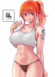 Rule 34 | 1girl, abs, alternate costume, black panties, blue tattoo, bra, breasts, food, highres, holding, holding food, ice cream, ice cream cone, large breasts, looking to the side, micro panties, mifenami, nami (one piece), one piece, orange eyes, orange hair, panties, ponytail, shoulder tattoo, signature, simple background, sweat, tattoo, tongue, tongue out, underwear, white background, white bra