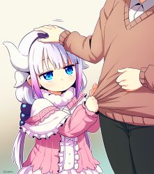 Rule 34 | 10s, 2girls, :/, artist name, black pants, blue eyes, brown sweater, capelet, closed mouth, collared shirt, dragon girl, dragon horns, dress, gradient background, gradient hair, hand on another&#039;s head, headpat, horns, kanna kamui, kobayashi-san chi no maidragon, kobayashi (maidragon), light purple hair, long hair, long sleeves, looking at viewer, low twintails, motion lines, multicolored hair, multiple girls, nightea, outline, pants, purple hair, shirt, shirt grab, short hair, slit pupils, sweater, twintails, twitter username, very short hair, white shirt, wing collar