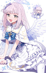 Rule 34 | 1girl, absurdres, angel wings, badge, black footwear, black scrunchie, blue archive, blue bow, blush, bow, breasts, button badge, capelet, chibi, closed eyes, commentary, cross, dress, fingernails, flower, hair bun, hair flower, hair ornament, hair ribbon, halo, happy, highres, long hair, looking at viewer, low wings, medium breasts, mika (blue archive), morumoru x, open mouth, pantyhose, pink hair, pink halo, print capelet, purple flower, ribbon, scrunchie, simple background, single side bun, smile, solo focus, trinity general school logo, underbust, white background, white capelet, white dress, white pantyhose, white ribbon, white wings, wings, wrist scrunchie, yellow eyes