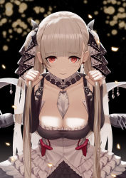 Rule 34 | 1girl, azur lane, between breasts, black dress, blunt bangs, breasts, bunching hair, cleavage, dress, earrings, formidable (azur lane), frown, highres, holding, holding own hair, jewelry, large breasts, long hair, looking at viewer, platinum blonde hair, red eyes, solo, sunkilow, twintails, two-tone ribbon, upper body, very long hair