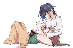 Rule 34 | 2girls, alternate costume, bag, blanket, blue hair, brmameng, brown eyes, brown hair, camisole, casual, chocolate, closed eyes, earrings, eating, feeding, fingernails, green camisole, hair intakes, hand on another&#039;s face, highres, hololive, hololive english, jewelry, lap pillow, looking at another, multicolored hair, multiple girls, nanashi mumei, ouro kronii, ponytail, shirt, short hair, short shorts, shorts, single off shoulder, spaghetti strap, streaked hair, under covers, virtual youtuber, white shirt, yuri