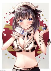 Rule 34 | 1girl, animal ears, animal print, bare shoulders, bikini, black hair, black skirt, blue eyes, bottle, bowl, breasts, cleavage, closed mouth, commentary request, cow ears, cow girl, cow horns, cow print, cow tail, egasumi, frilled bikini, frills, grey background, hands up, heart, holding, holding bottle, holding bowl, horns, licking lips, maid headdress, medium breasts, milk, milk bottle, navel, original, pleated skirt, pouring, print bikini, sakura hiyori, skirt, smile, solo, spoken heart, swimsuit, tail, tail raised, tongue, tongue out, upper body