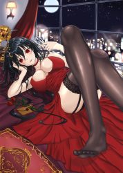 Rule 34 | 1girl, ahoge, azur lane, bare shoulders, black hair, black thighhighs, breasts, champagne flute, choker, cleavage, cocktail dress, commentary request, cup, dress, drinking glass, envelope, feet, flower, full moon, hair between eyes, hair ornament, highres, ling jiang, long hair, looking at viewer, moon, night, no shoes, official alternate costume, phonograph, red choker, red dress, red eyes, red flower, red rose, rose, solo, taihou (azur lane), taihou (forbidden feast) (azur lane), thighhighs, toes, traditional media, very long hair, watercolor pencil (medium), window