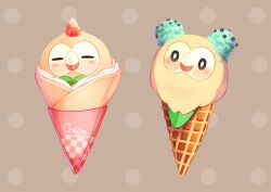Rule 34 | abstract background, absurdres, animal, animal focus, beak, bird, blush, bow, bowtie, brown background, brown feathers, closed eyes, creatures (company), crepe, feathers, food, food wrapper, fruit, game freak, gen 7 pokemon, green bow, green bowtie, green feathers, highres, ice cream, ice cream cone, in food, looking at viewer, mint chocolate, nintendo, o o, owl, patterned background, pokemon, pokemon (creature), polka dot, polka dot background, rowlet, simple background, sob 0, soft serve, strawberry, strawberry ice cream, talons, white feathers