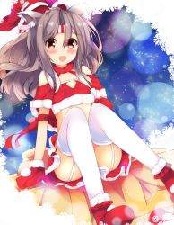 Rule 34 | 1girl, :d, animal ears, blush, boots, brown eyes, brown hair, christmas, commentary request, crop top, fur-trimmed boots, fur-trimmed skirt, fur trim, fuuna, garter straps, hair between eyes, hat, headband, highres, kantai collection, long hair, looking at viewer, mittens, open mouth, red footwear, red hat, red mittens, red skirt, santa boots, santa hat, sitting, skirt, smile, solo, thighhighs, white thighhighs, zuihou (kancolle)
