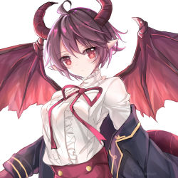 Rule 34 | 1girl, ahoge, artist name, bad id, bad pixiv id, black jacket, blush, center frills, closed mouth, commentary, dragon girl, dragon tail, dragon wings, flower in eye, frilled shirt, frills, granblue fantasy, grea (shingeki no bahamut), jacket, long sleeves, manaria friends, neck ribbon, off shoulder, open clothes, open jacket, pointy ears, purple hair, purple ribbon, red eyes, red wings, ribbon, shingeki no bahamut, shirt, short hair, simple background, solo, symbol in eye, tail, upper body, venn (vebonbon), white background, white shirt, wings