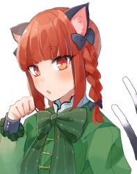 Rule 34 | 1girl, adapted costume, animal ears, black bow, blunt bangs, bow, braid, cat ears, cat tail, dress, green dress, hair bow, kaenbyou rin, kuroda (chokobo 314), long sleeves, looking at viewer, multiple tails, nekomata, paw pose, red eyes, red hair, solo, tail, touhou, two tails, upper body