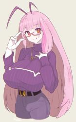 Rule 34 | belt, breasts, candyboinz, casual, casual clothes, denim, glasses, happy, highres, huge breasts, jeans, jewelry, long hair, matara kan, matara kan (casual), necklace, pale skin, pants, pink hair, purple sweater, simple background, smile, sweater, turtleneck, turtleneck sweater, virtual youtuber, vshojo