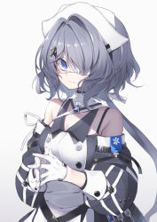 Rule 34 | 1girl, arknights, black dress, blue eyes, commentary, dress, eyepatch, fingers together, gloves, grey hair, hair ornament, hat, highres, looking at viewer, medical eyepatch, nurse cap, off-shoulder dress, off shoulder, puffy sleeves, satou kibi, short hair with long locks, simple background, solo, syringe, two-tone dress, whisperain (arknights), white background, white dress, white gloves, white hat, x hair ornament