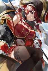 Rule 34 | 1girl, black hat, black thighhighs, blue sky, breasts, cloud, commentary, covered navel, day, hair ribbon, hat, heterochromia, highres, holding, holding weapon, hololive, houshou marine, large breasts, looking at viewer, pirate hat, red eyes, red hair, red ribbon, red skirt, ribbon, skirt, sky, smile, solo, soraneko hino, symbol-only commentary, thighhighs, virtual youtuber, weapon, yellow eyes