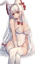 Rule 34 | 1girl, 7saki, animal ears, bad id, bad twitter id, bare shoulders, blush, bow, bowtie, breasts, cleavage, crossed legs, detached collar, fake animal ears, fake tail, fishnets, fujiwara no mokou, gloves, hair bow, highres, hime cut, leotard, long hair, medium breasts, playboy bunny, rabbit ears, rabbit tail, red bow, red bowtie, red eyes, sidelocks, simple background, solo, strapless, strapless leotard, tail, thighhighs, thighs, touhou, very long hair, white background, white bow, white hair, white leotard, wrist cuffs