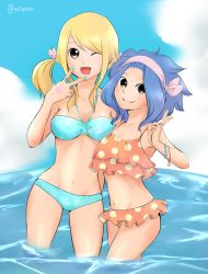 Rule 34 | 2girls, akane (tpaknwt), bikini, blonde hair, blue hair, breasts, fairy tail, female focus, large breasts, levy mcgarden, looking at viewer, lucy heartfilia, multiple girls, small breasts, swimsuit