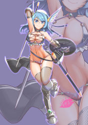 Rule 34 | 1girl, alternate costume, arm behind head, armor, armored boots, armpits, bare shoulders, bikini armor, black cape, blue background, blue eyes, blue hair, blush, boots, breasts, cape, cleavage, collarbone, commentary request, dated, detached collar, double bun, fishnet armwear, fishnet gloves, fishnet thighhighs, fishnets, full body, gauntlets, gloves, gluteal fold, groin, hair between eyes, hair bun, halterneck, hat, holding, holding shield, holding sword, holding weapon, kantai collection, large breasts, long hair, looking at viewer, midriff, moke ro, navel, sailor hat, sheath, shield, sidelocks, signature, smile, standing, standing on one leg, strap, sword, thigh gap, thighhighs, urakaze (kancolle), waist cape, weapon, white headwear, wing hair ornament, zoom layer