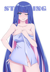 Rule 34 | 10s, 1girl, ;p, artist request, blue eyes, blue hair, blush, breasts, character name, cleavage, cowboy shot, gluteal fold, groin, hand on own hip, large breasts, matching hair/eyes, multicolored hair, naked towel, one eye closed, panty &amp; stocking with garterbelt, pink hair, simple background, smile, solo, stocking (psg), thighs, tongue, tongue out, towel, white background, wink
