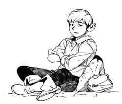 Rule 34 | 1boy, backpack, bag, boots, chilchuck tims, collared shirt, crossed arms, dungeon meshi, from side, full body, greyscale, halfling, highres, kimsun 28, large ears, long sleeves, looking at viewer, male focus, monochrome, pants, parted lips, shirt, shoe soles, short hair, simple background, sleeves rolled up, solo