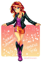 Rule 34 | 1girl, blonde hair, boots, character name, green eyes, half-closed eyes, jacket, leather, leather jacket, makeup, miniskirt, multicolored hair, my little pony, my little pony: equestria girls, my little pony: friendship is magic, personification, red hair, semehammer, skirt, solo, sunset shimmer, tattoo