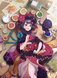 Rule 34 | 1girl, :d, bowl, calligraphy brush, commentary request, drawing (object), eyeshadow, fate/grand order, fate (series), hair ornament, hairpin, hand on own hip, hand up, holding, japanese clothes, katsushika hokusai (fate), kimono, lens flare, lying, makeup, mortar (bowl), obi, octopus, on back, open mouth, paintbrush, paper, pixiv fate/grand order contest 2, purple eyes, purple hair, purple kimono, sash, short hair, shutsuri, signature, smile, solo