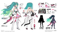 Rule 34 | 1girl, aqua eyes, aqua hair, backless dress, backless outfit, bare shoulders, boots, character sheet, commentary, crypton future media, dress, from behind, gloves, glowing, glowing hair, hatsune miku, headgear, highres, knee boots, long hair, multiple views, official art, siirakannu, silhouette, sleeveless, sleeveless dress, thighhighs, translation request, twintails, very long hair, vocaloid, white dress, white footwear, white gloves, white thighhighs
