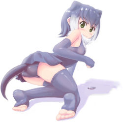 Rule 34 | 10s, 1girl, animal ears, arm support, ass, blush, closed mouth, commentary request, elbow gloves, fingerless gloves, from side, fur collar, gloves, gradient hair, green eyes, grey gloves, grey hair, grey one-piece swimsuit, kemono friends, kneeling, looking at viewer, looking back, multicolored hair, one-piece swimsuit, otter ears, otter tail, shadow, short hair, small-clawed otter (kemono friends), smile, solo, swimsuit, swimsuit skirt, tail, thighhighs, toeless legwear, tsubasa (abchipika), white background