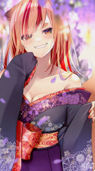Rule 34 | 1girl, black kimono, blurry, blurry background, blurry foreground, blush, breasts, brown hair, chita (ketchup), cleavage, collarbone, depth of field, floral print, flower, grin, hakama, hakama skirt, hand up, highres, japanese clothes, kimono, long sleeves, looking at viewer, medium breasts, multicolored hair, nail polish, original, pinching sleeves, print kimono, purple flower, purple hakama, red hair, red nails, sharp teeth, short eyebrows, skirt, sleeves past fingers, sleeves past wrists, smile, solo, streaked hair, teeth, thick eyebrows, wide sleeves, wisteria, yellow eyes