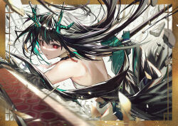 Rule 34 | 1girl, arknights, bare back, bare shoulders, black hair, commentary, dragon girl, dragon horns, dress, dusk (arknights), earrings, floating hair, green hair, hair between eyes, highres, holding, holding sheath, holding sword, holding weapon, horns, jewelry, long hair, looking at viewer, multicolored hair, off shoulder, parted lips, pointy ears, red eyes, redrawn, scabbard, sheath, solo, streaked hair, sword, tassel, tassel earrings, upper body, v-shaped eyebrows, weapon, white dress, yo-ba yo