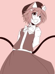Rule 34 | 1girl, animal ears, arms behind back, bad id, bad pixiv id, cat ears, cat girl, cat tail, chen, earrings, female focus, hat, highres, jewelry, kachoo, monochrome, multiple tails, open mouth, short hair, single earring, smile, solo, tail, touhou