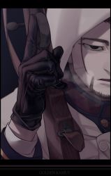 Rule 34 | 1boy, arisaka, arm up, black eyes, black gloves, black hair, blue jacket, bolt action, breath, buttons, cape, collared jacket, commentary request, copyright name, facial hair, facial scar, gloves, golden kamuy, grey background, gun, hair slicked back, hair strand, highres, holding, holding gun, holding weapon, hood, hood up, hooded cape, imperial japanese army, jacket, leather, leather gloves, long sleeves, looking at viewer, male focus, military, military uniform, ogata hyakunosuke, out of frame, parted lips, rifle, scar, scar on cheek, scar on face, short hair, simple background, solo, stubble, thundert, trigger discipline, uniform, upper body, weapon, white cape