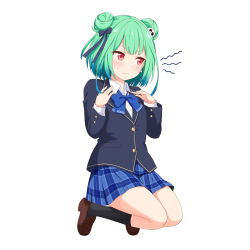 Rule 34 | 1girl, absurdres, alternate costume, black socks, blazer, blue bow, blue bowtie, blue ribbon, blue skirt, blush, bow, bowtie, brown footwear, closed mouth, collared shirt, commentary request, double bun, earrings, felutiahime, green hair, hair bun, hair ornament, hair ribbon, hand on own chest, highres, hololive, jacket, jewelry, kneehighs, kneeling, layered sleeves, loafers, long sleeves, miniskirt, multicolored hair, plaid, plaid skirt, pleated skirt, red eyes, ribbon, school uniform, shirt, shoes, simple background, skirt, skull hair ornament, socks, solo, sweatdrop, uruha rushia, virtual youtuber, white background, white shirt