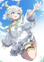 Rule 34 | 1girl, :d, animal ears, blue sky, choker, commentary request, day, ear covers, floating, flower, grey hair, hair between eyes, hair flower, hair ornament, highres, horse ears, horse girl, horse tail, looking away, open mouth, outstretched arm, seiun sky (umamusume), short hair, single ear cover, sky, smile, solo, tail, thigh strap, totomono, umamusume