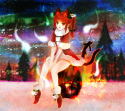 Rule 34 | 1girl, alternate costume, animal ears, bad id, bad pixiv id, bare legs, bell, boots, braid, cat ears, cat girl, cat tail, christmas, extra ears, female focus, fur trim, gin fragrans, hitodama, kaenbyou rin, legs, multiple tails, pointy ears, red eyes, red hair, santa costume, sitting, solo, tail, touhou, twin braids, twintails