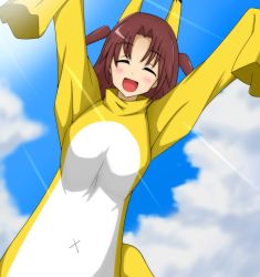 Rule 34 | 10s, 1girl, animal ears, blush, brown hair, cloud, costume, closed eyes, female focus, highres, infinite stratos, long hair, nohotoke honne, open mouth, outdoors, oversized clothes, sky, sleeves past wrists, smile, solo