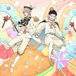Rule 34 | 2boys, :d, black hair, blue eyes, brown footwear, brown hair, cape, clenched hand, crown, dessert, doughnut, epaulettes, food, fruit, glasses, hat, highres, holding, holding wand, macaron, male focus, marshmallow, mini crown, monsterz mate, multiple boys, official art, open mouth, pants, pink eyes, pocket square, shirt, short hair, smile, strawberry, sweets, two-tone cape, virtual youtuber, wand, white footwear, white headwear, white legwear, white shirt, yuu (higashi no penguin)