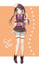 Rule 34 | 1girl, absurdres, ankle boots, apron, arm guards, black hair, blue eyes, blush, boots, bow, bowtie, breasts, brown apron, brown sash, dot nose, elbow gloves, english text, full body, gloves, hair bow, hand up, hat, hat ribbon, heart, heart background, highres, idolmaster, idolmaster shiny colors, long hair, looking at viewer, mini hat, mitsumine yuika, open mouth, orange background, pink bow, pink bowtie, pink ribbon, pink shirt, pink shorts, ribbon, saka nanato, shirt, shorts, small breasts, solo, standing, striped background, striped clothes, striped shirt, striped shorts, text background, thighhighs, twintails, two-tone background, white gloves, white thighhighs