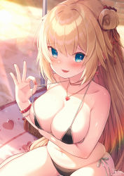 Rule 34 | 1girl, akai haato, arm under breasts, beach mat, bead bracelet, beads, bikini, black bikini, blonde hair, blue eyes, blush, bracelet, breasts, collarbone, commentary request, day, earrings, fang, hair between eyes, hair ribbon, heart, heart earrings, heart necklace, highres, hololive, jewelry, large breasts, light particles, looking at viewer, magowasabi, nail polish, necklace, one side up, outdoors, red nails, ribbon, side-tie bikini bottom, signature, sitting, skin fang, smile, solo, strap lift, string bikini, sweat, swimsuit, thighhighs, twitter username, virtual youtuber
