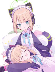Rule 34 | 2girls, animal ear headphones, animal ears, apron, black dress, blonde hair, blue archive, blush, cat tail, closed eyes, closed mouth, dress, fake animal ears, green eyes, green halo, halo, headphones, highres, long sleeves, maid, maid apron, maid headdress, midori (blue archive), midori (maid) (blue archive), mizumizu (phoenix), momoi (blue archive), momoi (maid) (blue archive), multiple girls, nintendo switch, official alternate costume, open mouth, pink halo, short hair, siblings, simple background, sisters, smile, tail, twins, white apron, white background