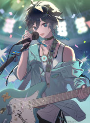 Rule 34 | 1boy, ahoge, alternate costume, aqua hair, aqua shirt, backlighting, black choker, black hair, braid, choker, commentary, electric guitar, english commentary, fender stratocaster, genshin impact, gradient hair, green eyes, guitar, highres, instrument, looking at viewer, male focus, microphone, microphone stand, multicolored hair, music, off shoulder, open mouth, shirt, short hair, signature, singing, solo, stage, tank top, twin braids, upper body, vanink, venti (genshin impact), white tank top