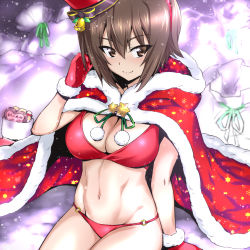Rule 34 | 1girl, arm support, bell, bikini, breasts, brown eyes, brown hair, cape, closed mouth, commentary request, girls und panzer, gloves, hand in own hair, hand up, hat, large breasts, looking to the side, nakahira guy, navel, nishizumi maho, o-ring, o-ring bikini, o-ring bottom, red bikini, red cape, red gloves, red hat, short hair, smile, solo, stomach, swimsuit