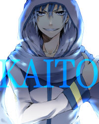 Rule 34 | 1boy, bad id, bad pixiv id, blue eyes, blue hair, cline, grin, hood, kaito (vocaloid), male focus, matching hair/eyes, scarf, simple background, smile, solo, vocaloid, white background