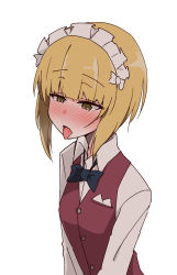 Rule 34 | 1girl, ame (amechan17391739), bad id, bad pixiv id, blonde hair, blush, bow, bowtie, cutlass (girls und panzer), girls und panzer, highres, maid headdress, short hair, simple background, solo, tongue, tongue out, upper body, vest, white background, yellow eyes