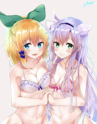Rule 34 | 10s, 2girls, absurdres, akgotch, blonde hair, blue bra, blue eyes, blue hair, blue hairband, bottomless, bra, breasts, cleavage, closed mouth, commentary request, green eyes, green ribbon, hair ribbon, hairband, holding hands, highres, interlocked fingers, long hair, looking at viewer, medium breasts, multiple girls, navel, open mouth, pink bra, ponytail, ribbon, rokudenashi majutsu koushi to akashic record, rumia tingel, short hair, signature, sistine fibel, smile, underwear