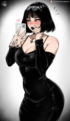 Rule 34 | 1girl, absurdres, almualim, artist name, bare shoulders, black choker, black dress, black hair, black sleeves, blush, breasts, cellphone, choker, cleavage, collarbone, commentary, cross, detached sleeves, dress, english commentary, eyewear on head, goth fashion, green eyes, heart, highres, holding, holding phone, inverted cross, inverted cross necklace, jewelry, looking at object, medium breasts, necklace, original, patreon logo, patreon username, pencil dress, phone, short hair, signature, sleeveless, sleeveless dress, smartphone, solo, spaghetti strap, taut clothes, taut dress, tight clothes, tight dress, vignetting, watermark, web address, yuna (almualim)