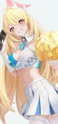 Rule 34 | 1girl, absurdres, blonde hair, blue archive, blush, breasts, cheerleader, cleavage, cowboy shot, detached collar, halo, halterneck, highres, holding, holding pom poms, large breasts, long hair, millennium cheerleader outfit (blue archive), navel, open mouth, pink halo, pleated skirt, pom pom (cheerleading), pom poms, shokuhou misaki, simple background, skirt, smallpine 7, smile, solo, thigh strap, toaru kagaku no railgun, toaru majutsu no index, white background, white skirt, yellow eyes