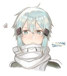 Rule 34 | 1girl, bad id, bad pixiv id, blue eyes, blue hair, character name, cropped torso, hair between eyes, highres, looking at viewer, riko201008, scarf, short hair, simple background, sinon, smile, solo, sword art online, white background, white scarf