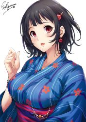 Rule 34 | 1girl, alternate costume, arm up, artist name, black hair, blue kimono, blush, bracelet, breasts, earrings, floral print, hair ornament, hairclip, hand up, japanese clothes, jewelry, kantai collection, kimono, large breasts, lips, looking at viewer, nail polish, obi, open mouth, purple nails, red eyes, sakiyamama, sash, short hair, sidelocks, signature, simple background, solo, takao (kancolle), upper body, white background, wide sleeves, wristband, yukata