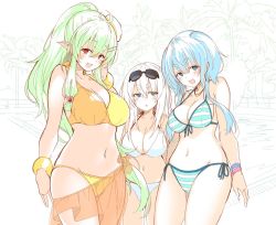 Rule 34 | 3girls, bad id, bad twitter id, bikini, blue eyes, blue hair, blush, breasts, cleavage, eyewear on head, green hair, hair ornament, hairclip, large breasts, long hair, looking at viewer, multiple girls, navel, open mouth, original, pointy ears, ponytail, red eyes, sketch, smile, sunglasses, suruga (xsurugax), swimsuit, white hair