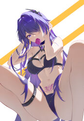 Rule 34 | 1girl, absurdres, acheron (honkai: star rail), bare arms, bare shoulders, bikini, black bikini, blhazx, breasts, cleavage, commentary request, condom, condom wrapper, hair ornament, hair over one eye, highres, honkai: star rail, honkai (series), long hair, looking at viewer, medium breasts, mouth hold, navel, pubic tattoo, purple eyes, purple hair, simple background, solo, squatting, stomach, swimsuit, tattoo, thigh strap, thighs, very long hair, white background